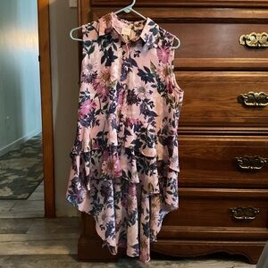 Pink and Purple Asymmetrical Blouse with Polo Collar